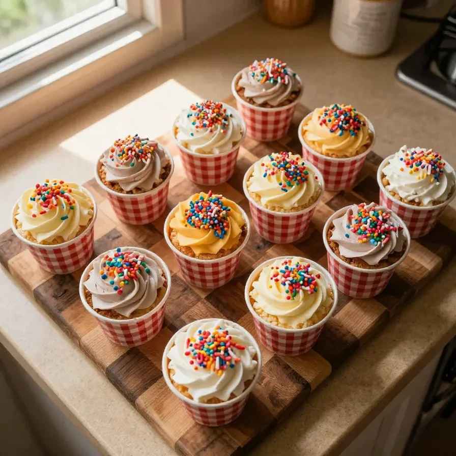 A close-up of colorful viral dot cakes arranged on a white plate.
