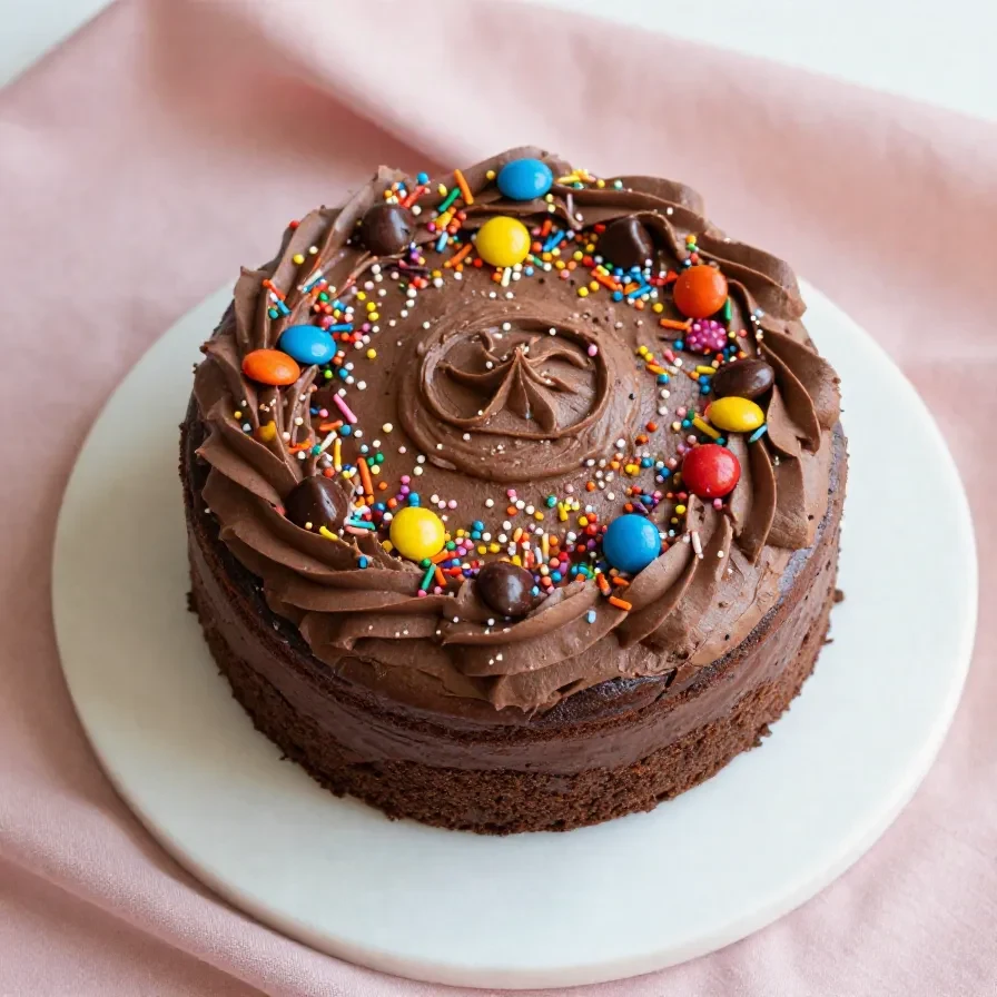 A festive chocolate cake decorated with colorful polka dots, perfect for a party.