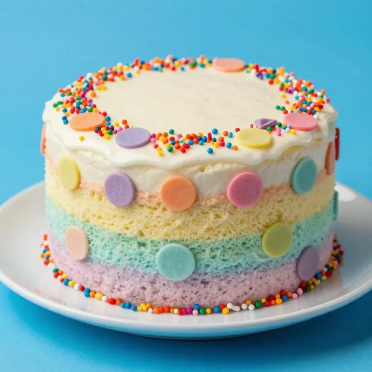 A colorful surprise cake decorated with rainbow sprinkles and polka dots, sliced to reveal layers inside.