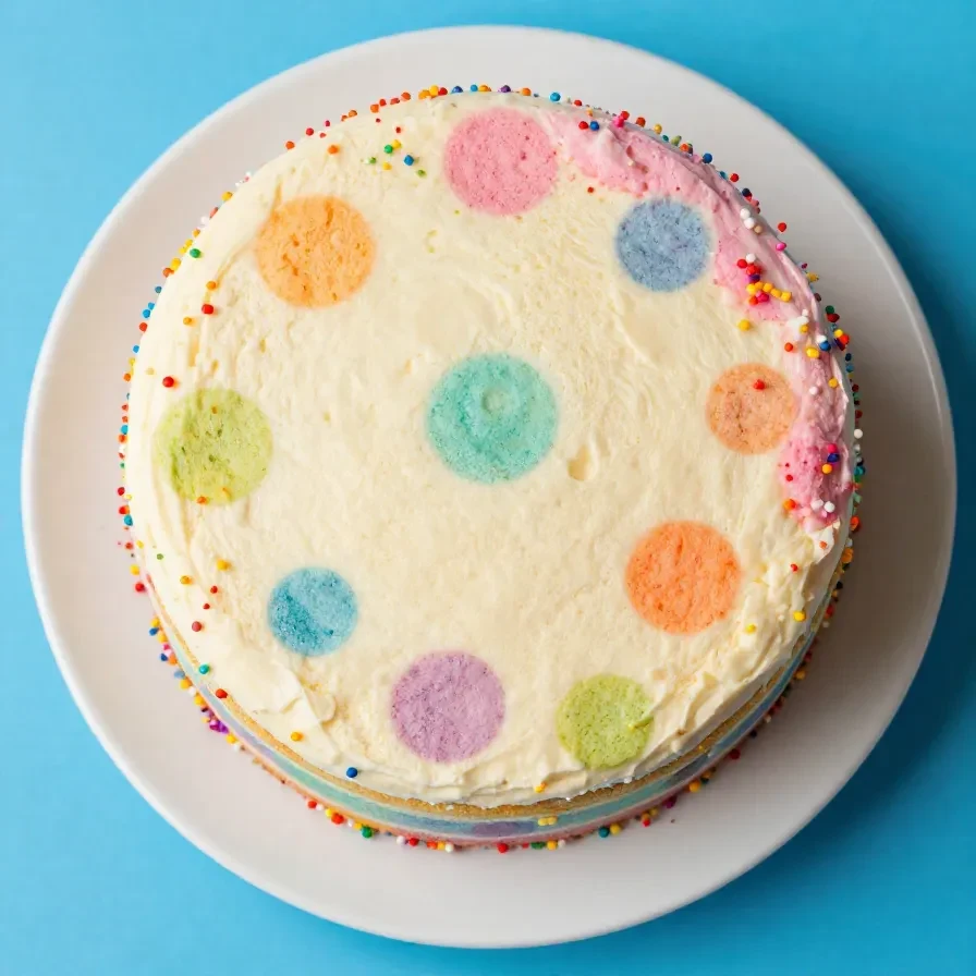 A colorful surprise cake decorated with rainbow sprinkles and polka dots, sliced to reveal layers inside.