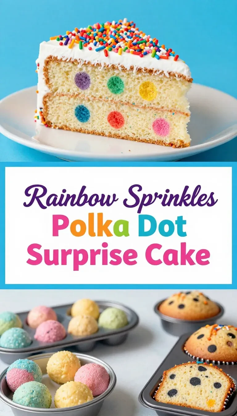 A colorful surprise cake decorated with rainbow sprinkles and polka dots, sliced to reveal layers inside.