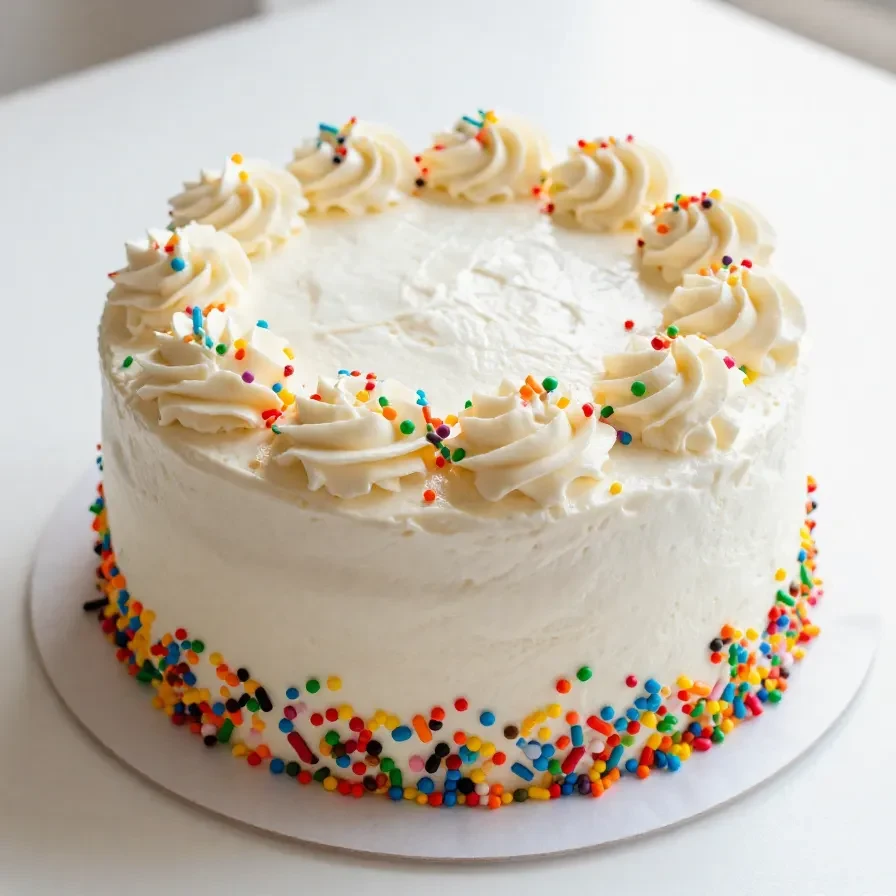 A colorful birthday cake with polka dot patterns visible inside when sliced.