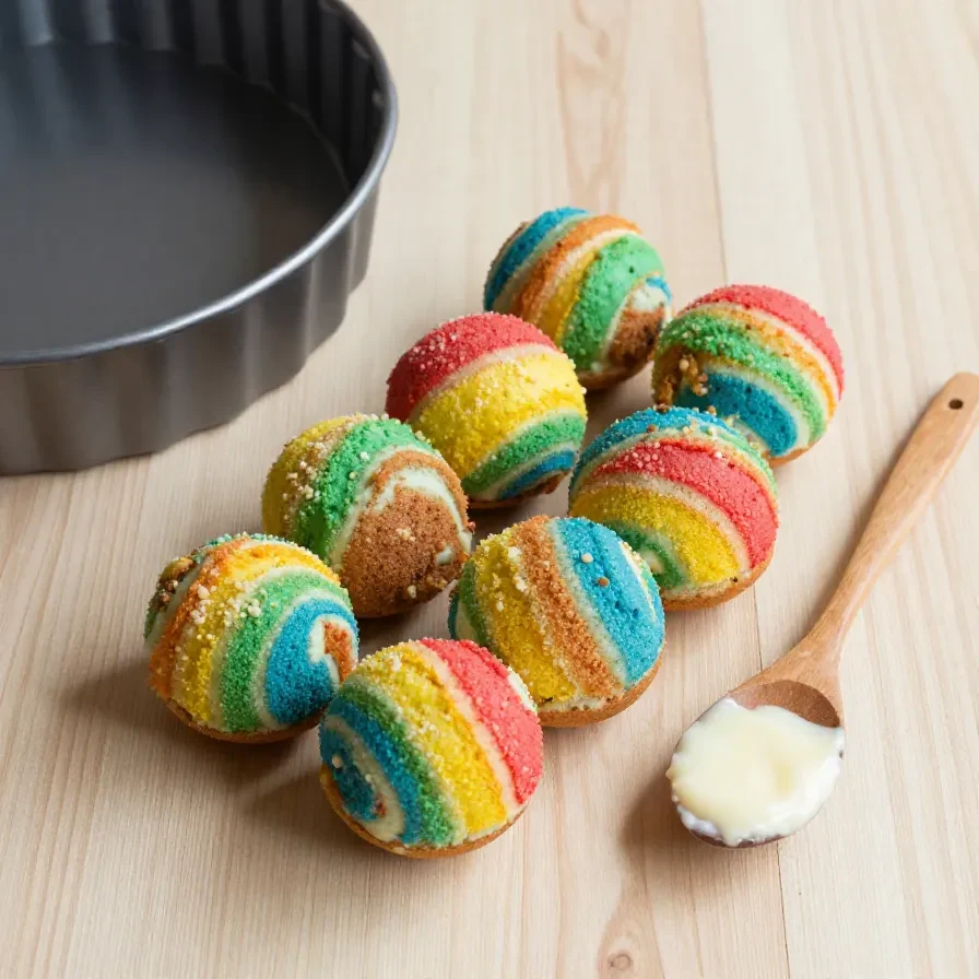 A colorful polka dot cake with vibrant spots inside each slice.