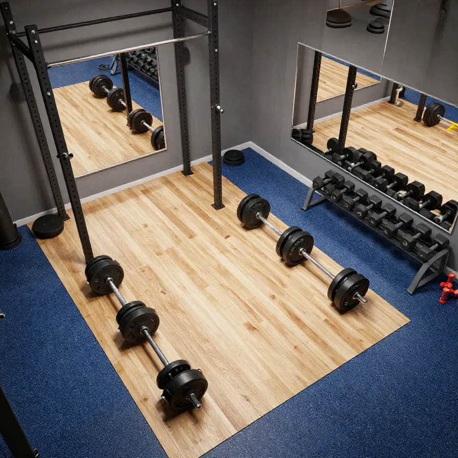 A foldable treadmill placed in a modern home gym setup.
