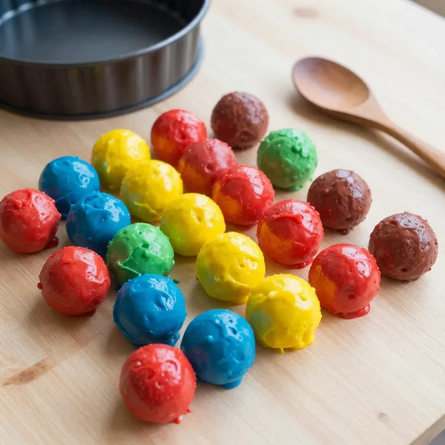 A colorful polka dot cake with vibrant spots inside each slice.