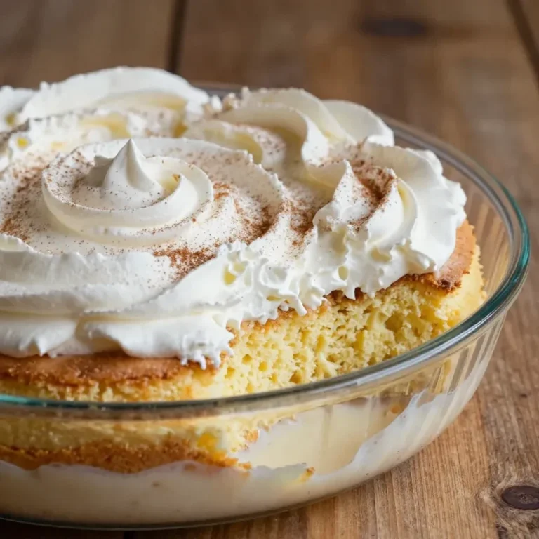 Close-up of a slice of tres leches cake topped with whipped cream and a cherry.