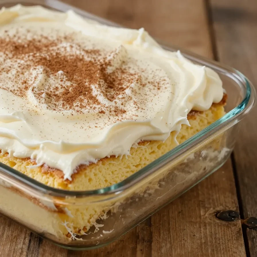 Close-up of a slice of tres leches cake topped with whipped cream and a cherry.