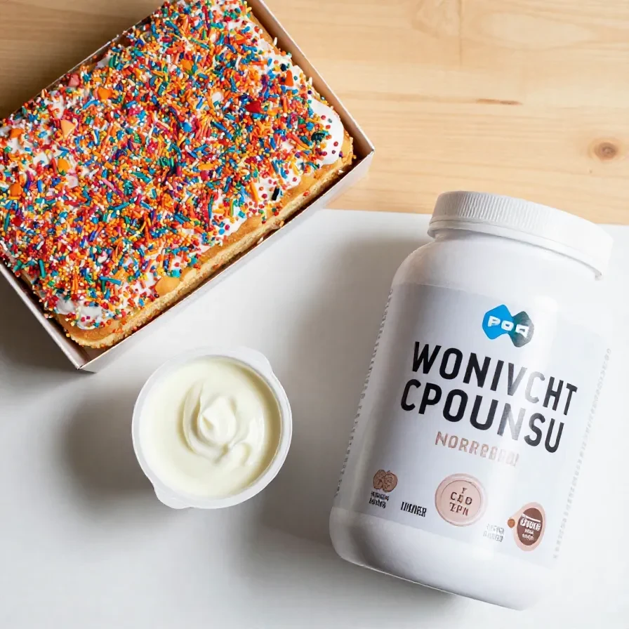 A colorful dot cake made with high-protein ingredients, served on a white plate.