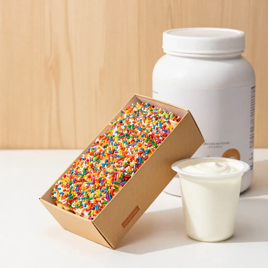 A colorful dot cake made with high-protein ingredients, served on a white plate.