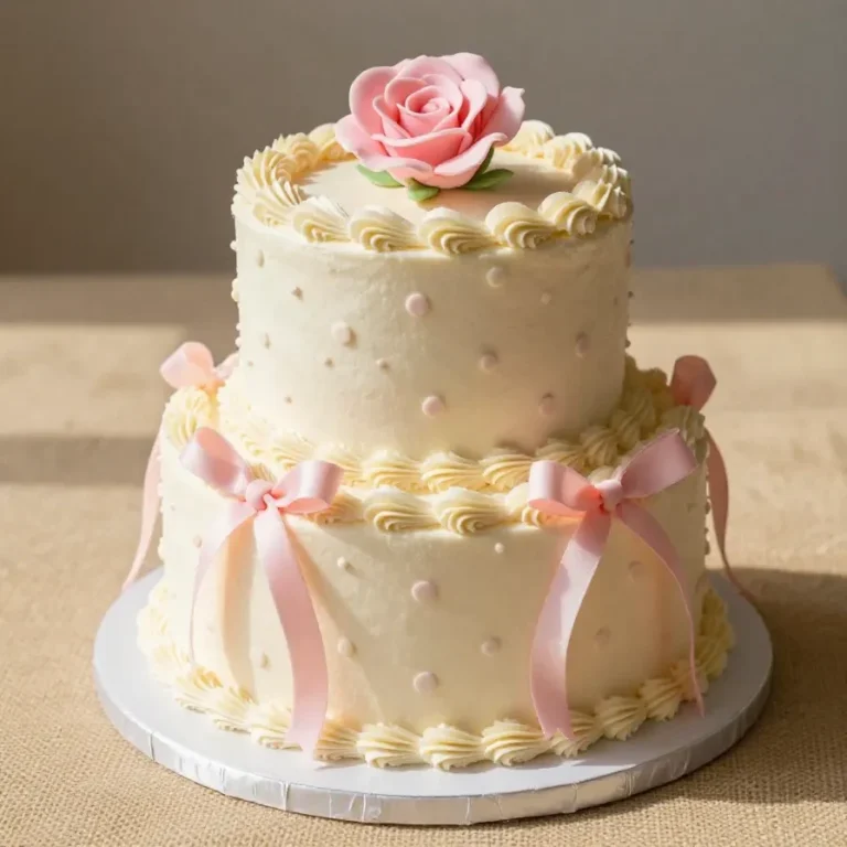 A colorful polka dot cake decorated with a fondant ribbon and bow.