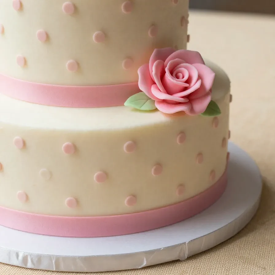 A colorful polka dot cake decorated with a fondant ribbon and bow.