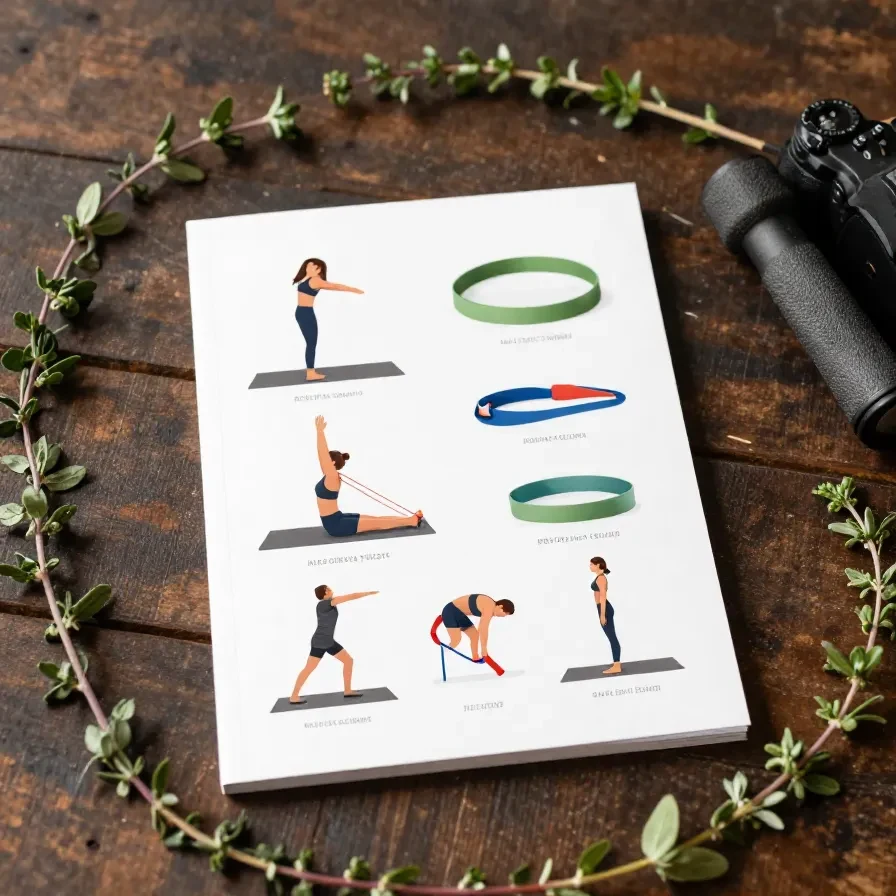 Person performing resistance band exercises with a PDF guide on a tablet.