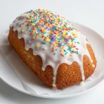 A colorful funfetti pound cake topped with a layer of white glaze and sprinkles on a wooden table.