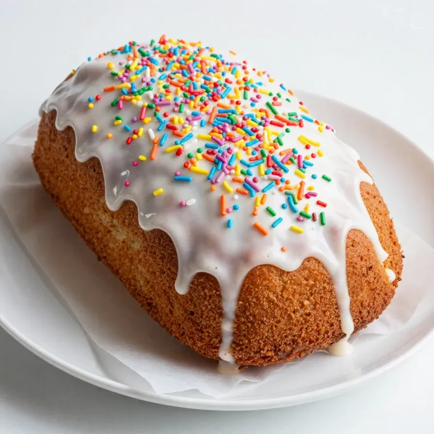 A colorful funfetti pound cake topped with a layer of white glaze and sprinkles on a wooden table.
