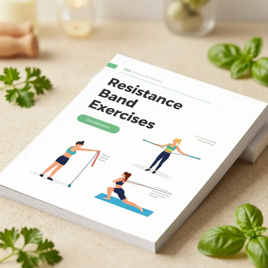 Person performing resistance band exercises with a PDF guide on a tablet.