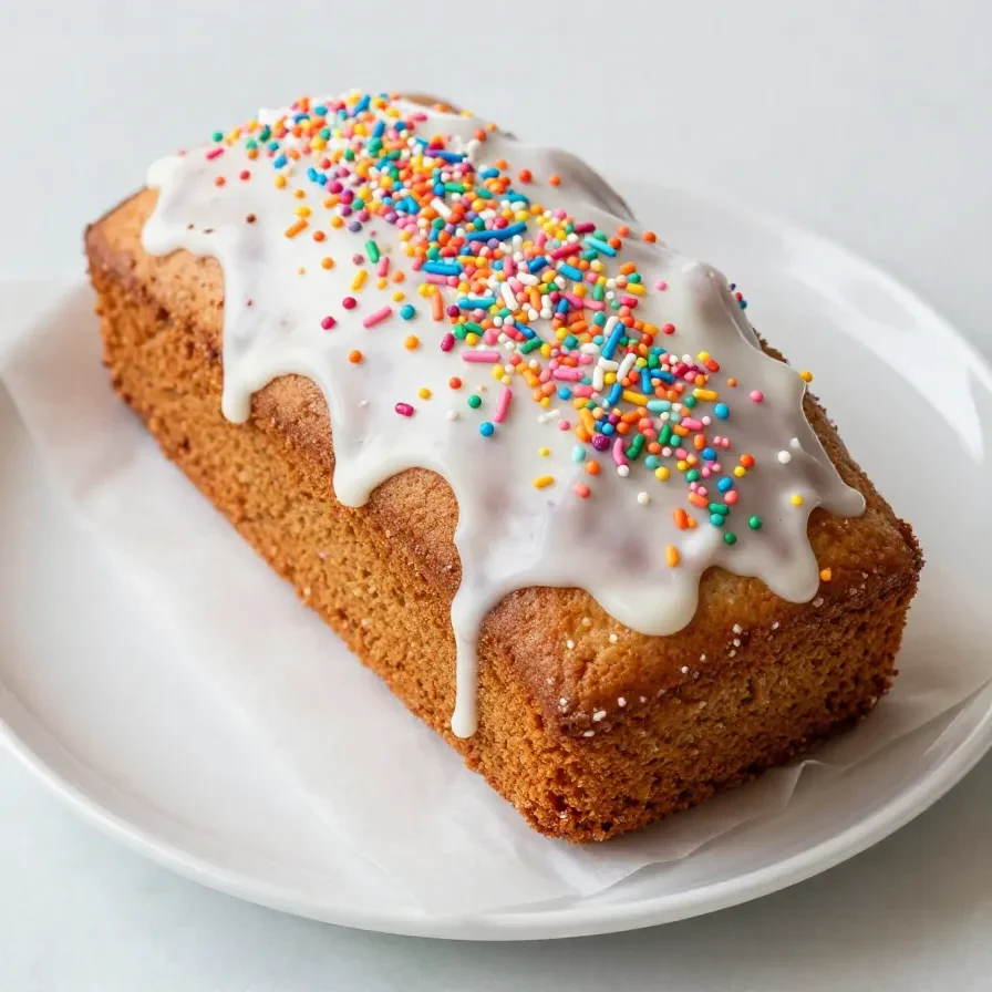 A colorful funfetti pound cake topped with a layer of white glaze and sprinkles on a wooden table.