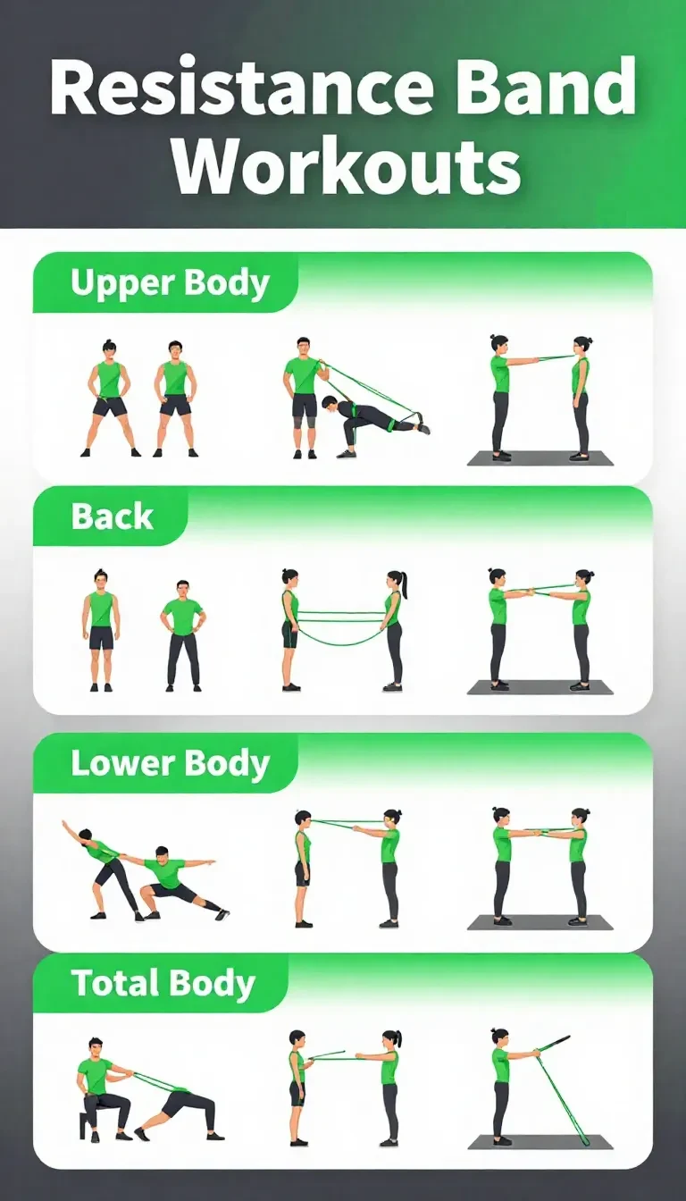 Person performing resistance band exercises with a PDF guide on a tablet.