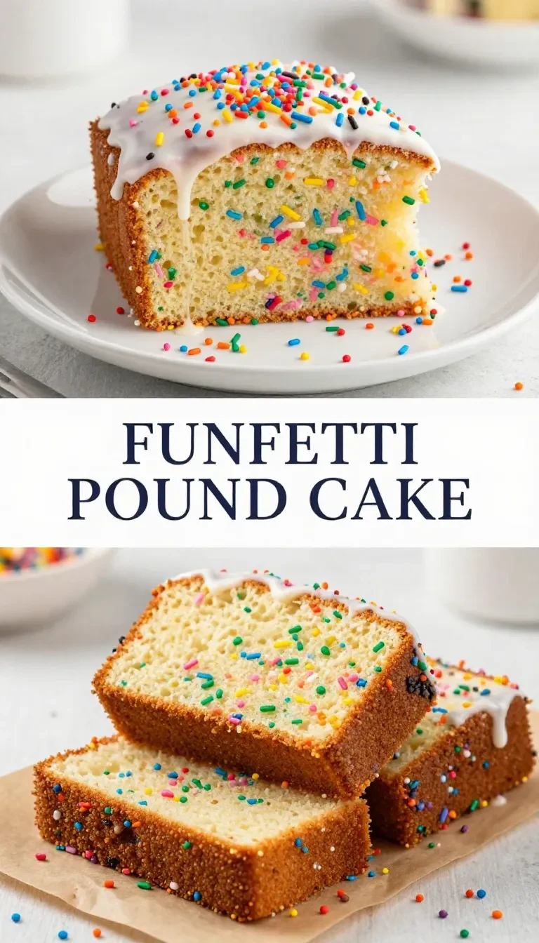 A colorful funfetti pound cake topped with a layer of white glaze and sprinkles on a wooden table.