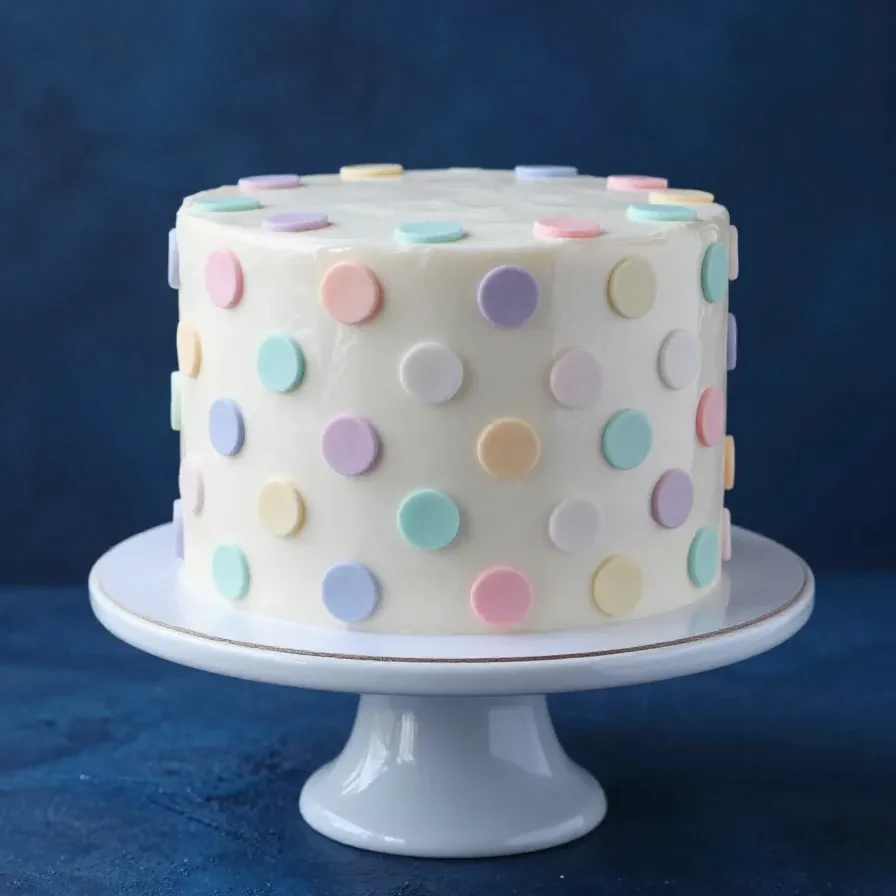 A freshly baked vanilla polka dot cake with colorful sprinkles on a wooden table.