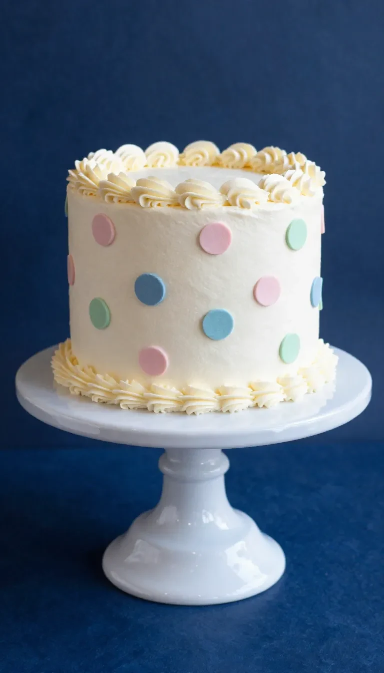 A freshly baked vanilla polka dot cake with colorful sprinkles on a wooden table.