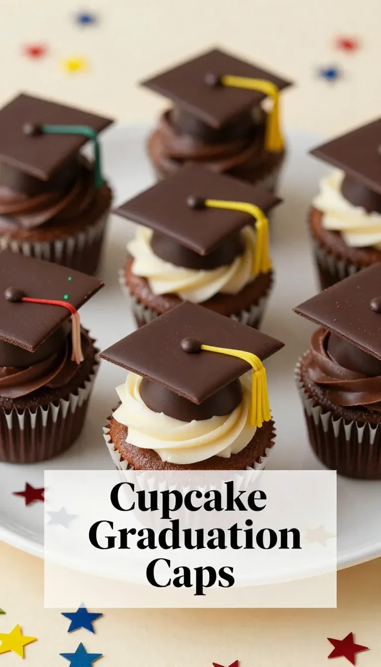 Decorative cupcake graduation caps with edible tassels and chocolate squares.