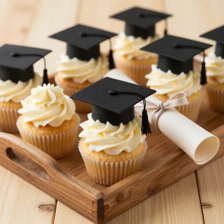 A close-up view of colorful graduation-themed cupcakes decorated with caps and diplomas.