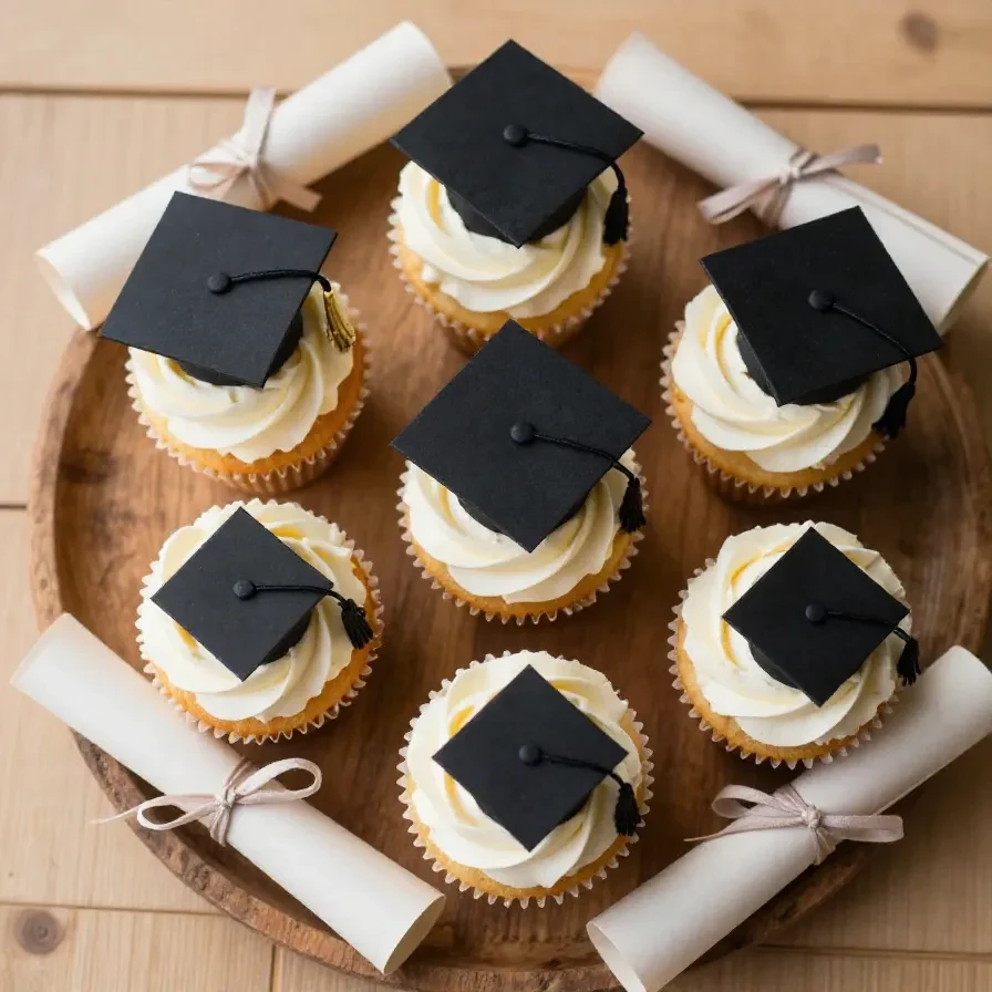 A close-up view of colorful graduation-themed cupcakes decorated with caps and diplomas.