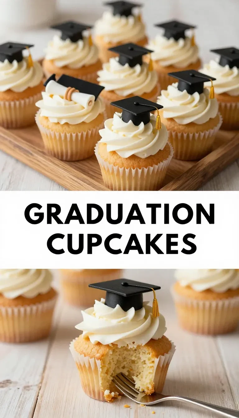A close-up view of colorful graduation-themed cupcakes decorated with caps and diplomas.