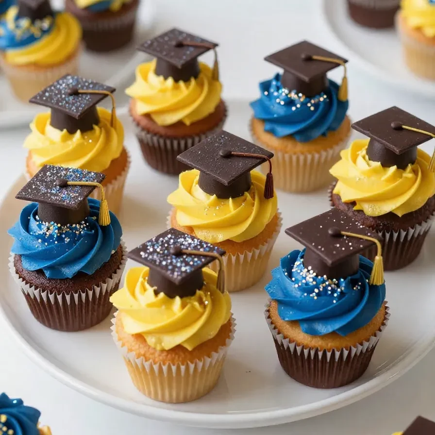 A tray of colorful cupcakes decorated for a high school graduation celebration.