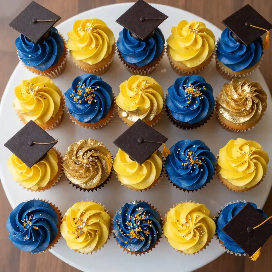 A tray of colorful cupcakes decorated for a high school graduation celebration.