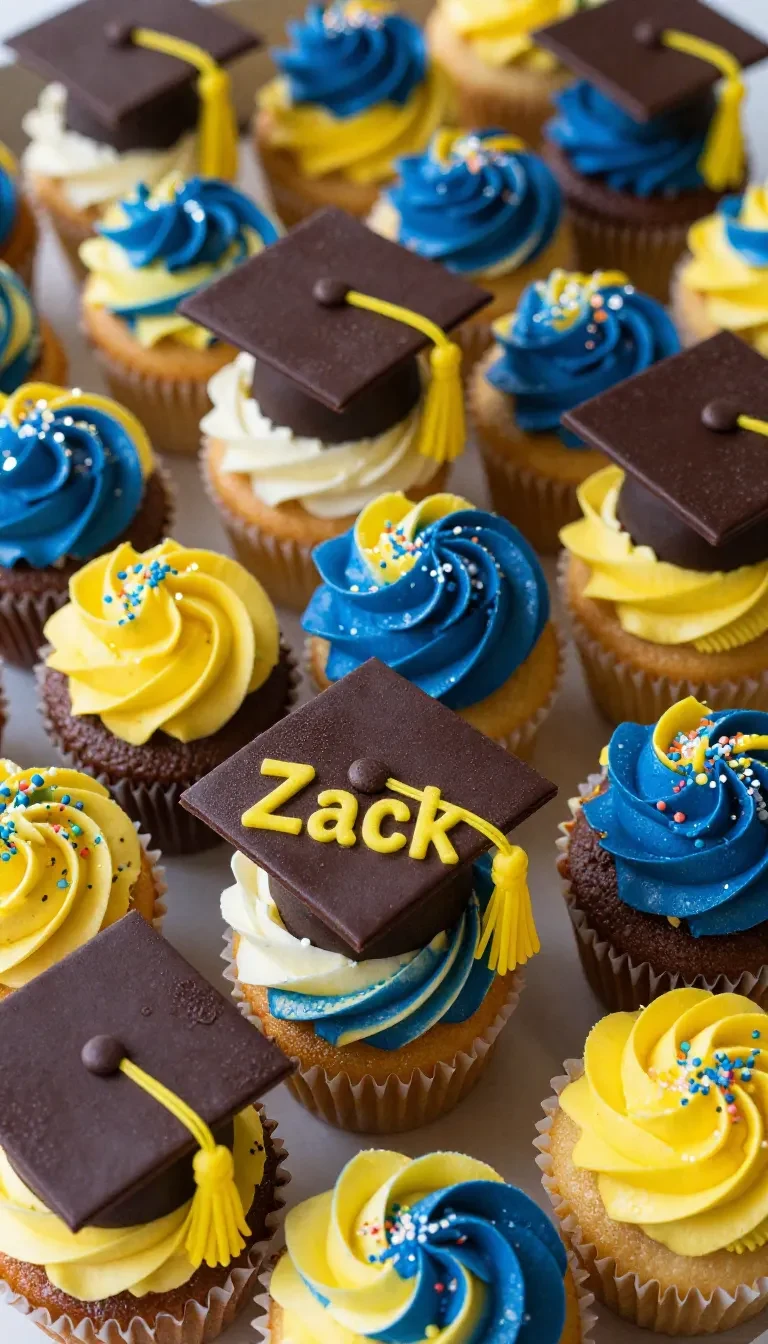 A tray of colorful cupcakes decorated for a high school graduation celebration.