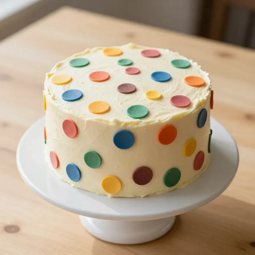 A cake decorated with polka dot icing and fresh strawberries on top.