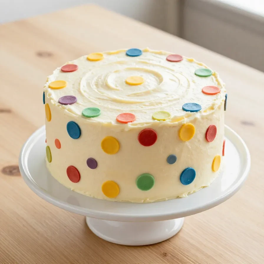 A cake decorated with polka dot icing and fresh strawberries on top.