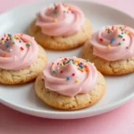 Close-up of Crumbl Confetti Cookies topped with colorful sprinkles on a wooden table.