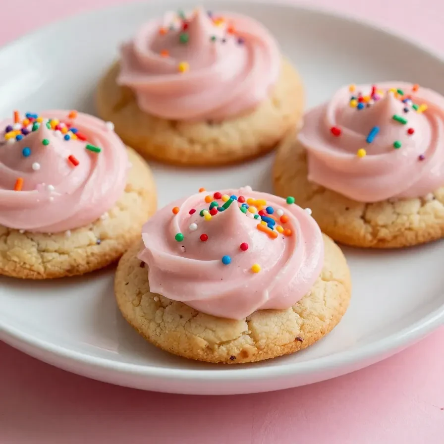Close-up of Crumbl Confetti Cookies topped with colorful sprinkles on a wooden table.
