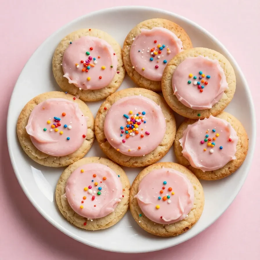 Close-up of Crumbl Confetti Cookies topped with colorful sprinkles on a wooden table.