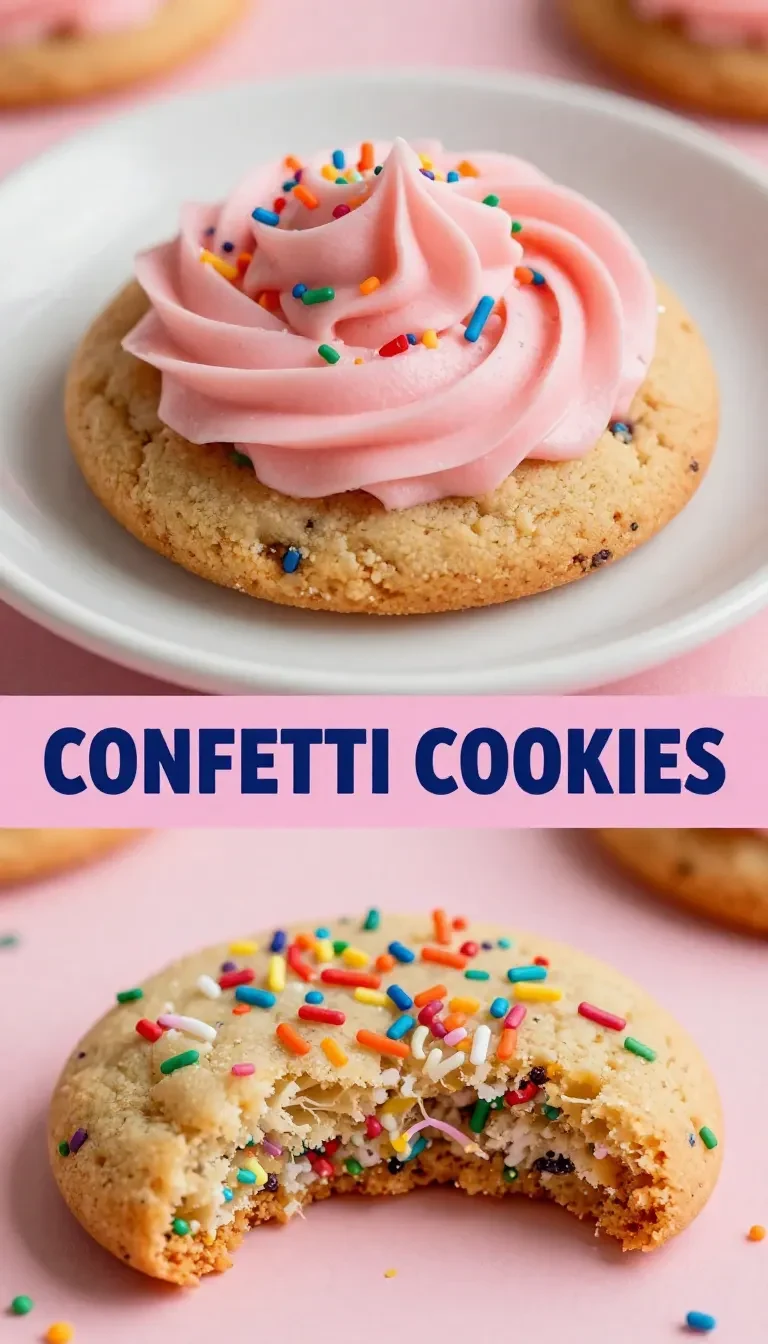 Close-up of Crumbl Confetti Cookies topped with colorful sprinkles on a wooden table.