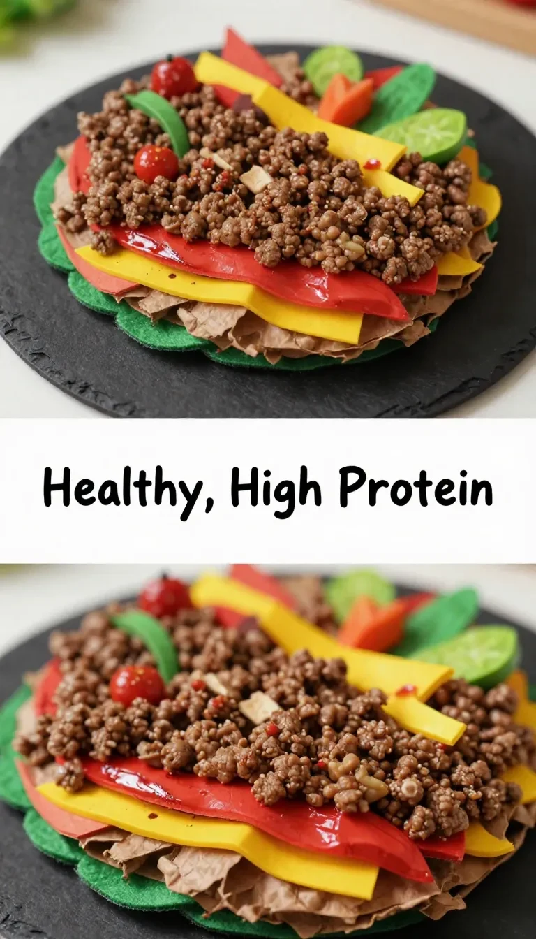 A plate of healthy high-protein ground beef mixed with colorful vegetables.