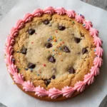 A delicious chocolate chip cookie cake topped with frosting swirls and chocolate chips on a wooden table.