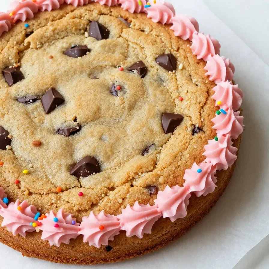 A delicious chocolate chip cookie cake topped with frosting swirls and chocolate chips on a wooden table.