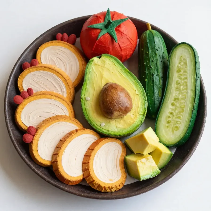 A bowl of healthy avocado chicken salad with fresh greens and vegetables.