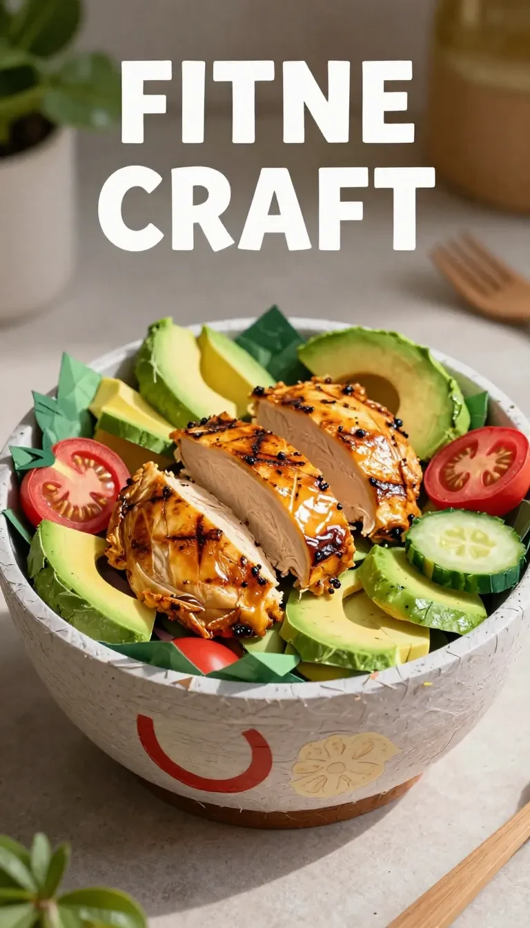 A bowl of healthy avocado chicken salad with fresh greens and vegetables.