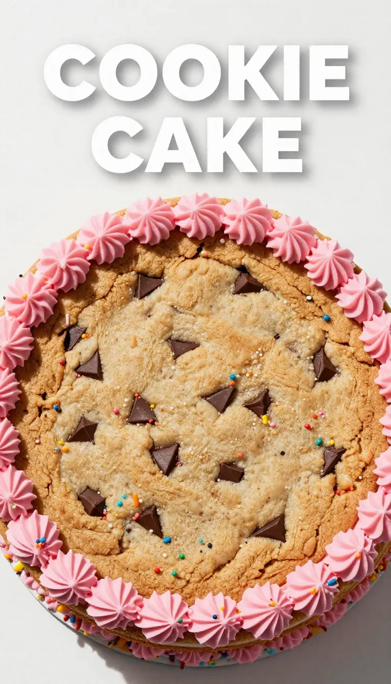 A delicious chocolate chip cookie cake topped with frosting swirls and chocolate chips on a wooden table.
