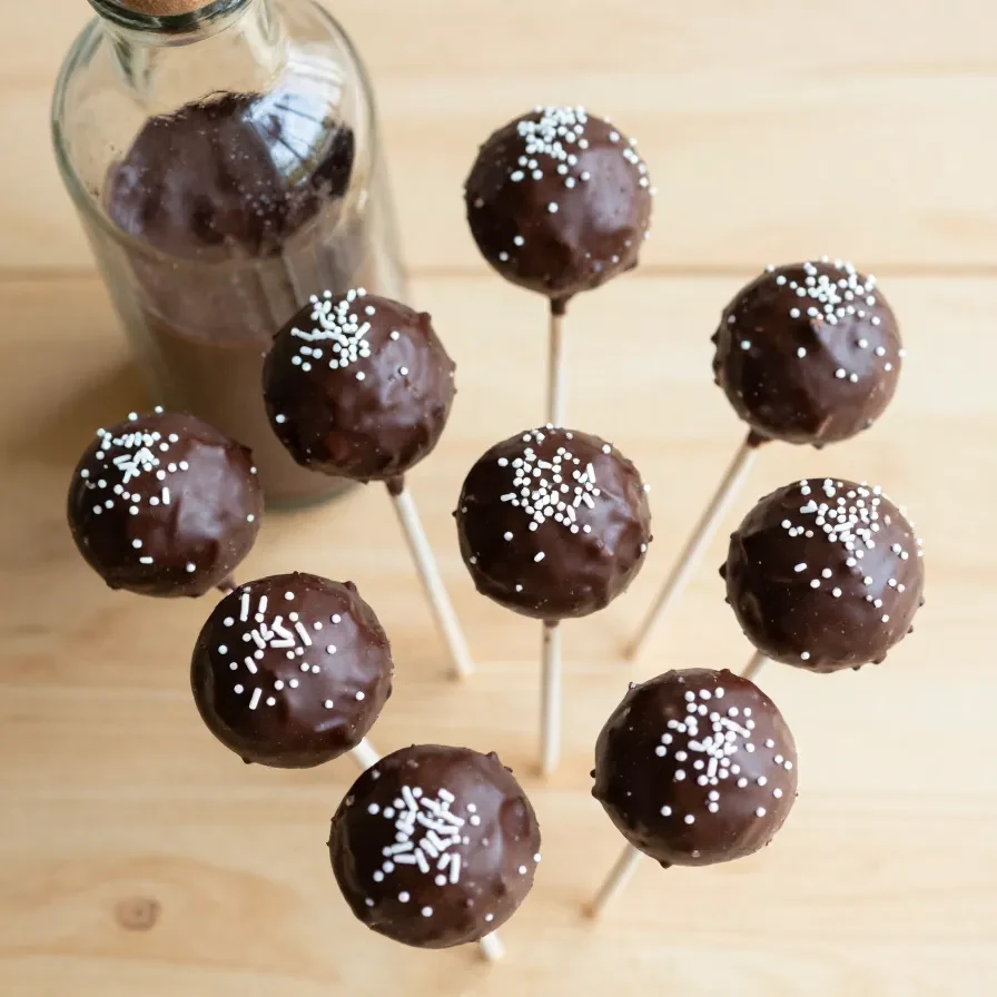 Homemade Starbucks-inspired cake pops displayed on a wooden table