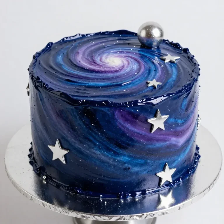 A stunning galaxy mirror cake with vibrant swirls of blue, purple, and black glaze.