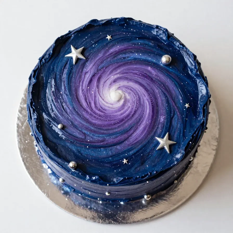 A stunning galaxy mirror cake with vibrant swirls of blue, purple, and black glaze.