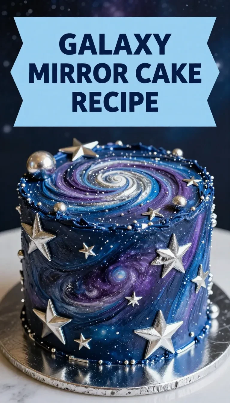 A stunning galaxy mirror cake with vibrant swirls of blue, purple, and black glaze.