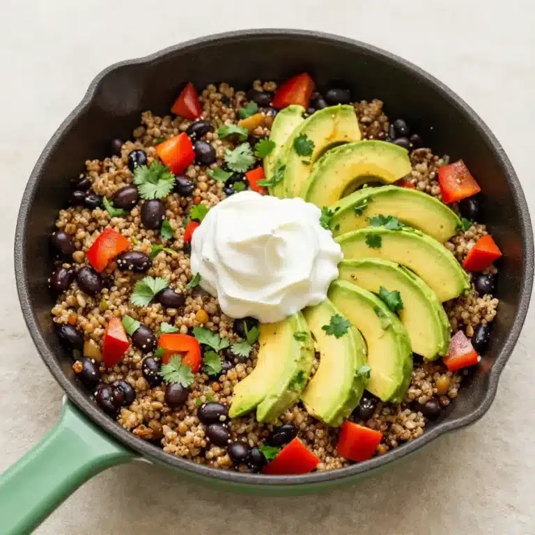 A skillet filled with cheesy quinoa, black beans, and taco seasoning, garnished with fresh cilantro.
