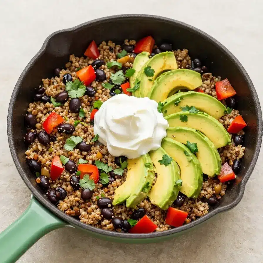 A skillet filled with cheesy quinoa, black beans, and taco seasoning, garnished with fresh cilantro.