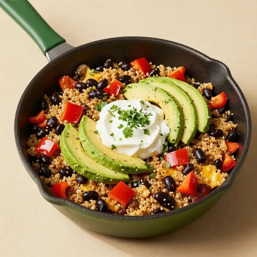 A skillet filled with cheesy quinoa, black beans, and taco seasoning, garnished with fresh cilantro.